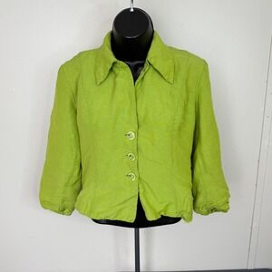 Sarah Elizabeth Blazer Womens 6 Lime Green Linen Blend 3/4 Sleeve Button Front